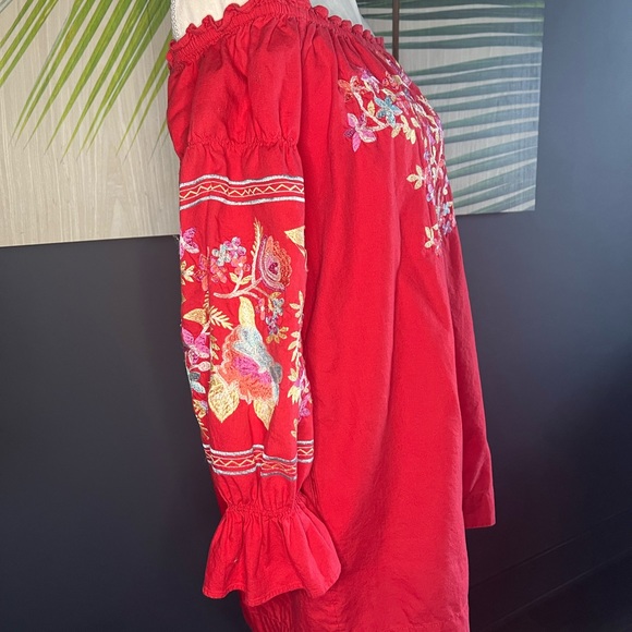 Free People Red Floral Embroidered Off The Shoulder Mini Dress XS - Picture 4 of 10